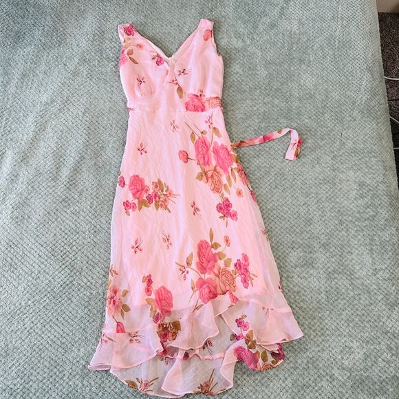Beautiful Vintage Y2K Baby Pink Rose Floral Asymm Midi Sundress Zoey Beth M - Picture 1 of 6